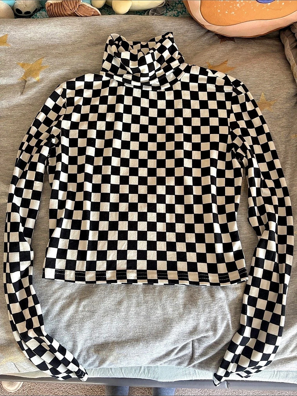 Checkered Turtleneck Crop Top in Black & White